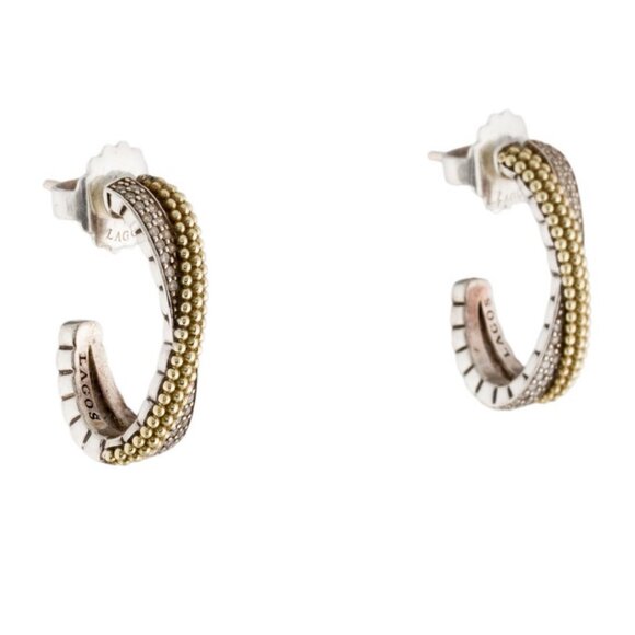 LAGOS TWO-TONE 14K YELLOW GOLD & STERLING SILVER CAVIAR X DIAMOND HOOP EARRINGS - Picture 1 of 6